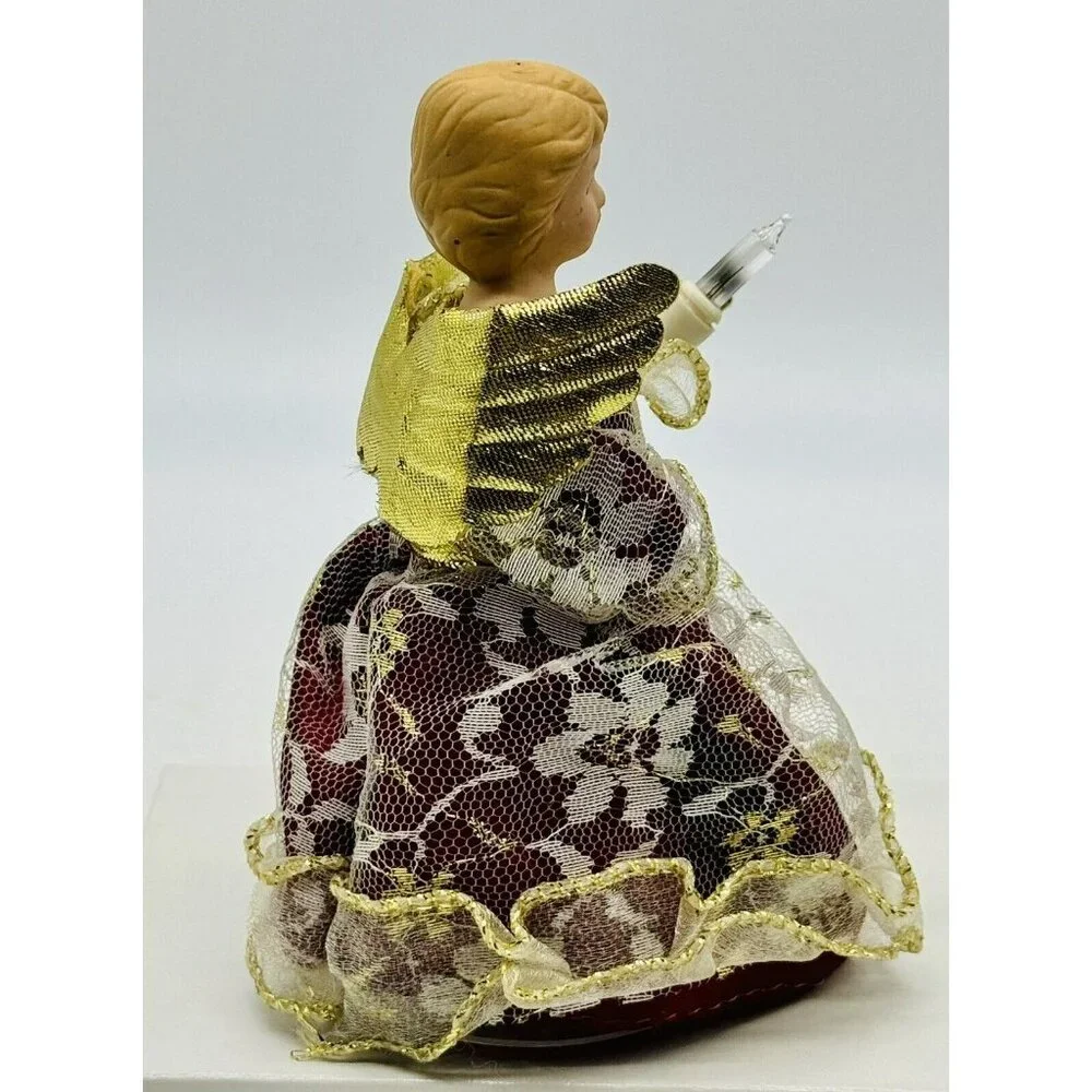 Vintage Miniature Angel Tree Topper Porcelain‎ Head Lighted 5.5 inch Red Dress - Picture 3 of 6